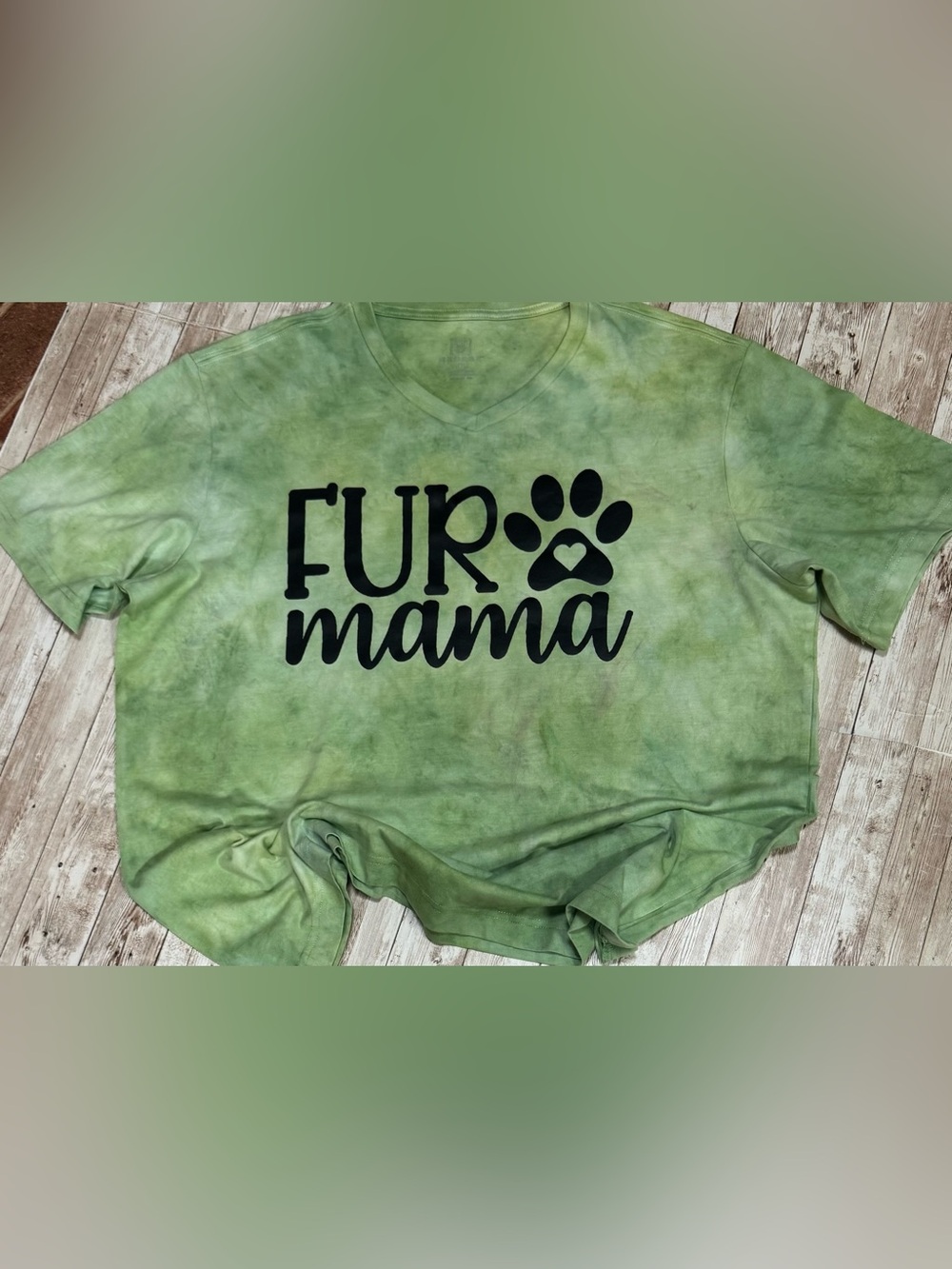 Hand dyed Green V-Neck “Fur Mama" Short Sleeve Shirt XL